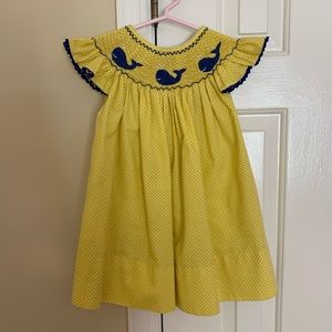Beautiful yellow polka dot smocked dress w whales